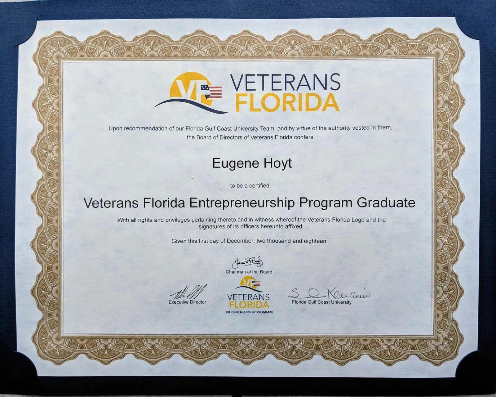 Veterans Florida Entrepreneurship Program Graduate certificate awarded to Eugene Hoyt in 2018
